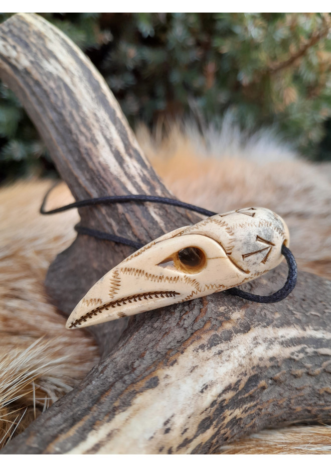 Hand-carved Raven skull amulet, Viking jewelry with runes, Huginn Muninn protective pendant. Odins Ravens. Norse mythology art. 