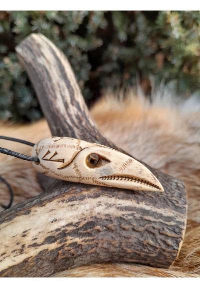 Viking raven skull necklace with runes. Norse, pagan pendant. Antlers hand-carved amulet.