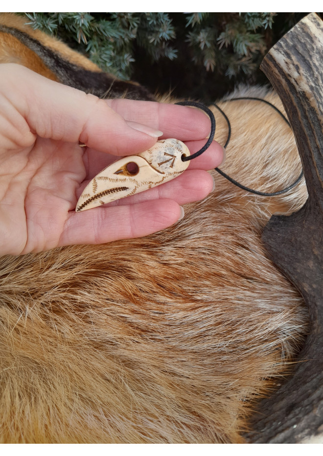 Hand-carved Raven skull amulet, Viking jewelry with runes, Huginn Muninn protective pendant. Odins Ravens. Norse mythology art. 