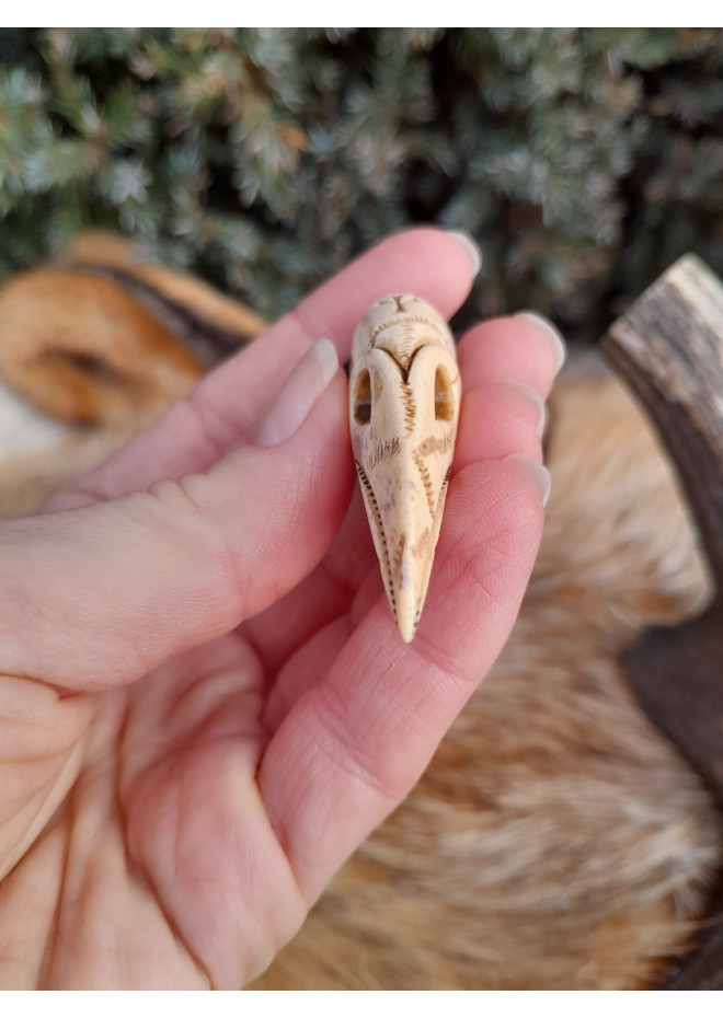 Hand-carved Raven skull amulet, Viking jewelry with runes, Huginn Muninn protective pendant. Odins Ravens. Norse mythology art. 
