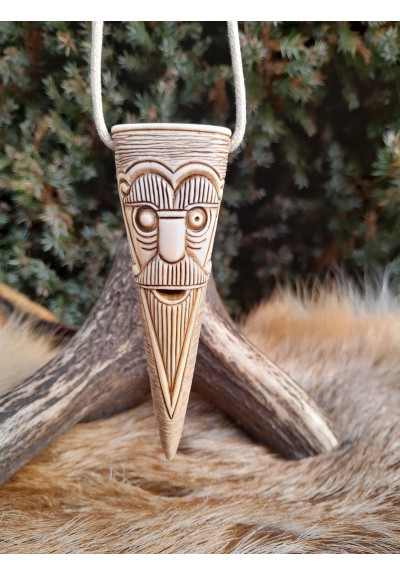 Viking God Odin face pendant, Óðinn amulet with runes. Moose antlers hand-carved