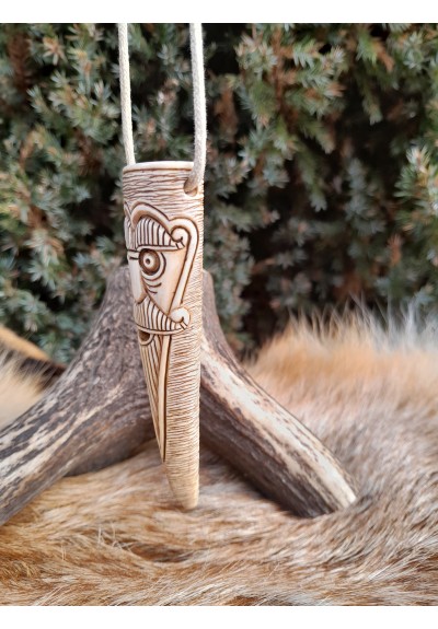 Viking God Odin face pendant, Óðinn amulet with runes. Moose antlers hand-carved
