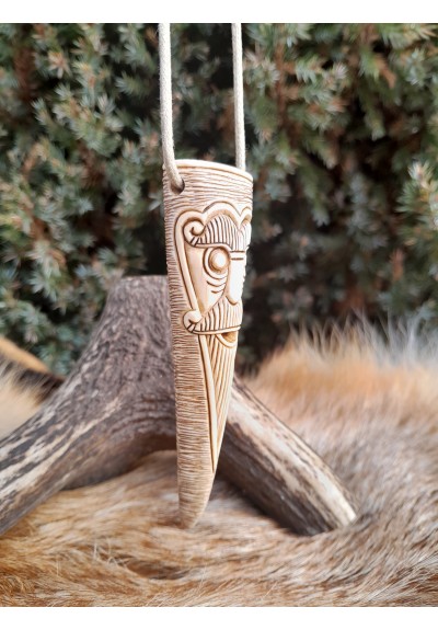Viking God Odin face pendant, Óðinn amulet with runes. Moose antlers hand-carved