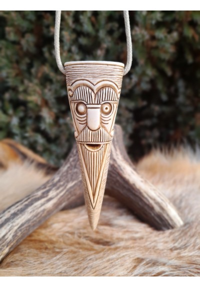 Viking God Odin face pendant, Óðinn amulet with runes. Moose antlers hand-carved