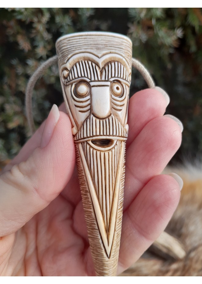 Viking God Odin amulet inspired by Norse mythology. Moose antlers hand-carved 
