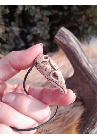 Unique Raven skull witch amulet with carved human skull. Gothic necklace. Shamanic pendant. Antler hand-carved