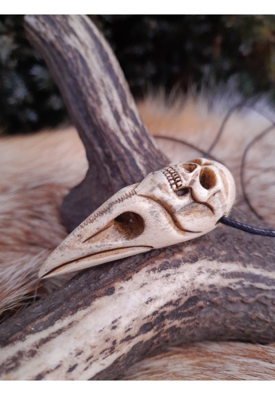 Unique Raven skull witch amulet with carved human skull. Gothic necklace. Shamanic pendant. Antler hand-carved