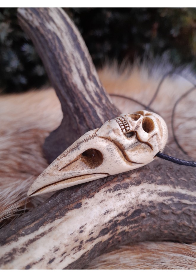 Unique Witch amulet. Raven skull with carved human skull. Gothic necklace. Wicca pendant. Shaman’s, shamanic necklace. Antler hand-carved