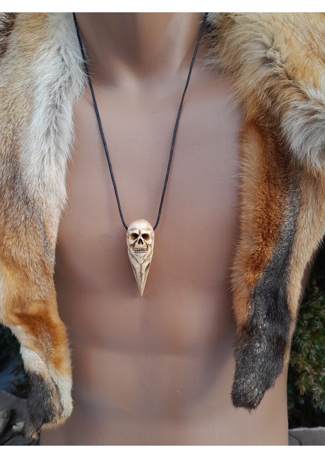 Unique Witch amulet. Raven skull with carved human skull. Gothic necklace. Wicca pendant. Shaman’s, shamanic necklace. Antler hand-carved