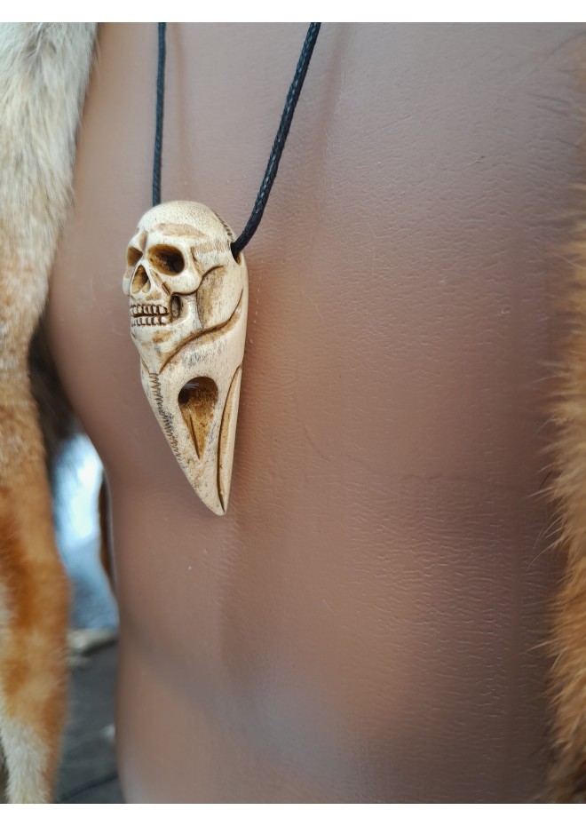 Unique Witch amulet. Raven skull with carved human skull. Gothic necklace. Wicca pendant. Shaman’s, shamanic necklace. Antler hand-carved