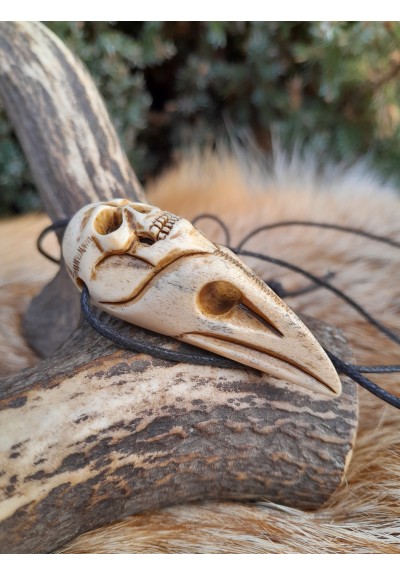 Unique Raven skull witch amulet with carved human skull. Gothic necklace. Shamanic pendant. Antler hand-carved