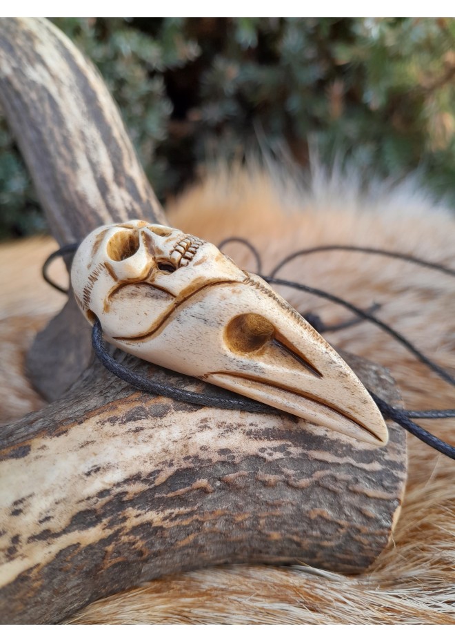 Unique Witch amulet. Raven skull with carved human skull. Gothic necklace. Wicca pendant. Shaman’s, shamanic necklace. Antler hand-carved