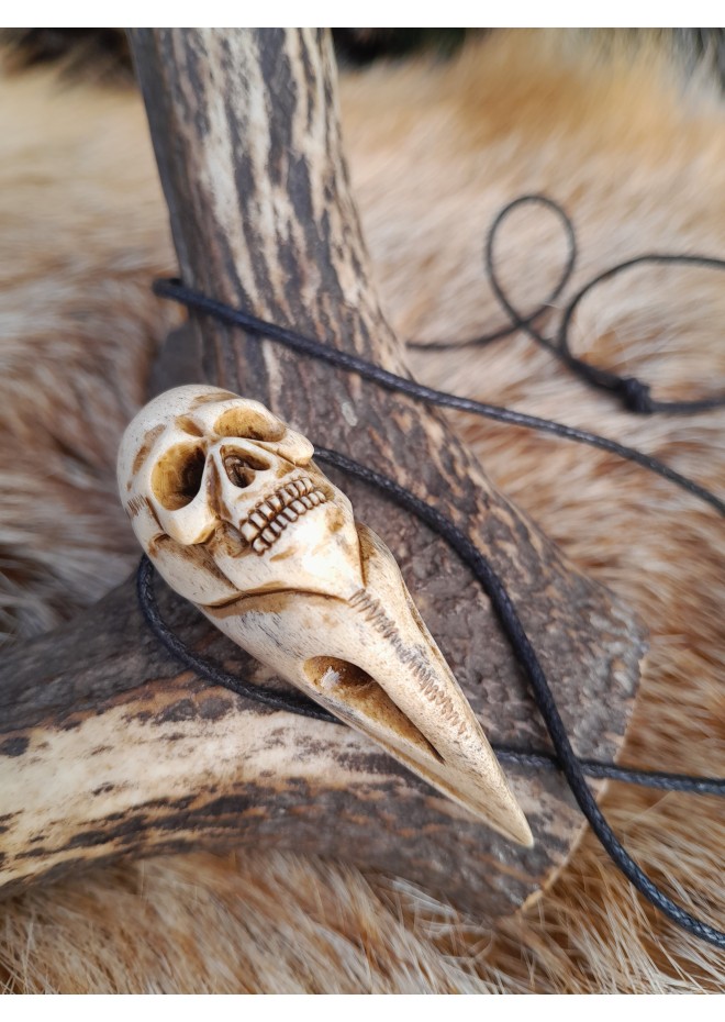 Unique Witch amulet. Raven skull with carved human skull. Gothic necklace. Wicca pendant. Shaman’s, shamanic necklace. Antler hand-carved