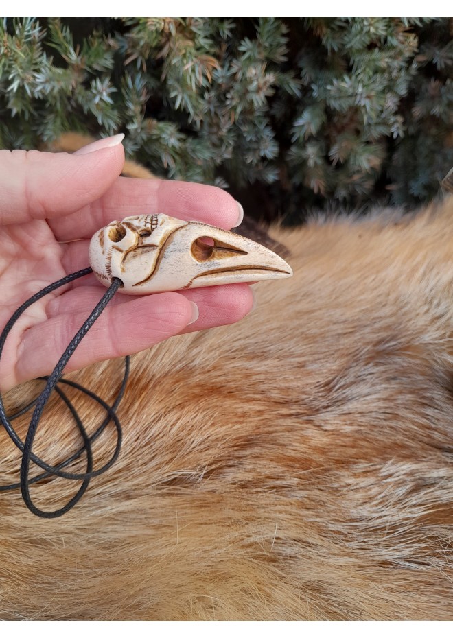 Unique Witch amulet. Raven skull with carved human skull. Gothic necklace. Wicca pendant. Shaman’s, shamanic necklace. Antler hand-carved