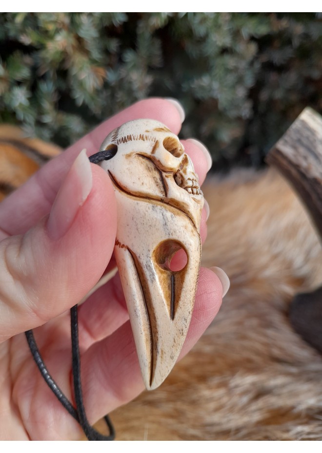 Unique Witch amulet. Raven skull with carved human skull. Gothic necklace. Wicca pendant. Shaman’s, shamanic necklace. Antler hand-carved