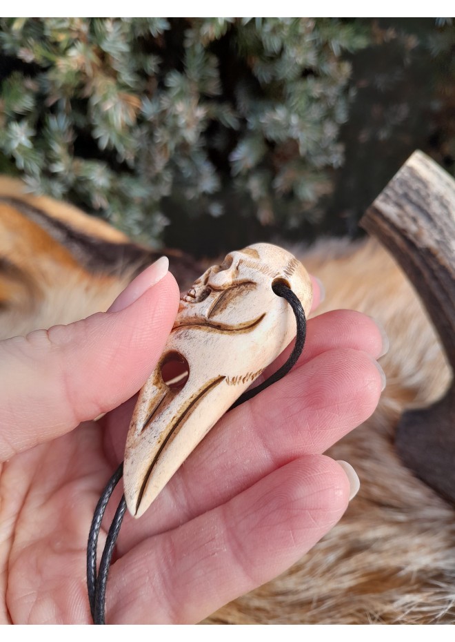 Unique Witch amulet. Raven skull with carved human skull. Gothic necklace. Wicca pendant. Shaman’s, shamanic necklace. Antler hand-carved