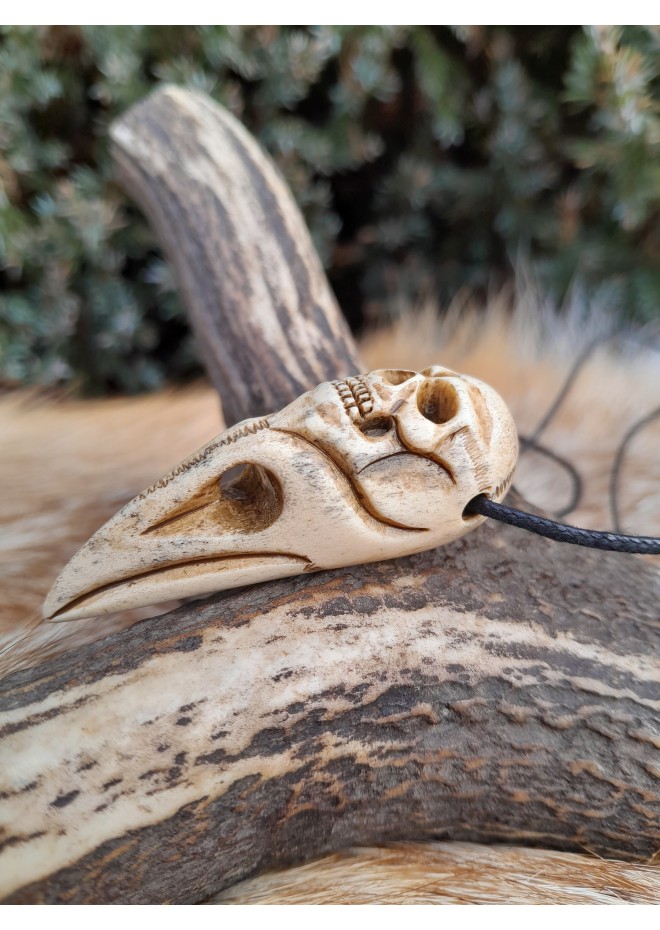 Unique Witch amulet. Raven skull with carved human skull. Gothic necklace. Wicca pendant. Shaman’s, shamanic necklace. Antler hand-carved