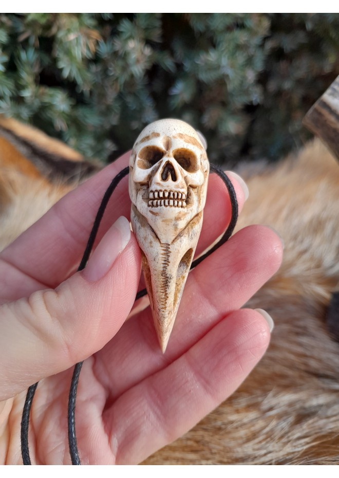 Unique Witch amulet. Raven skull with carved human skull. Gothic necklace. Wicca pendant. Shaman’s, shamanic necklace. Antler hand-carved