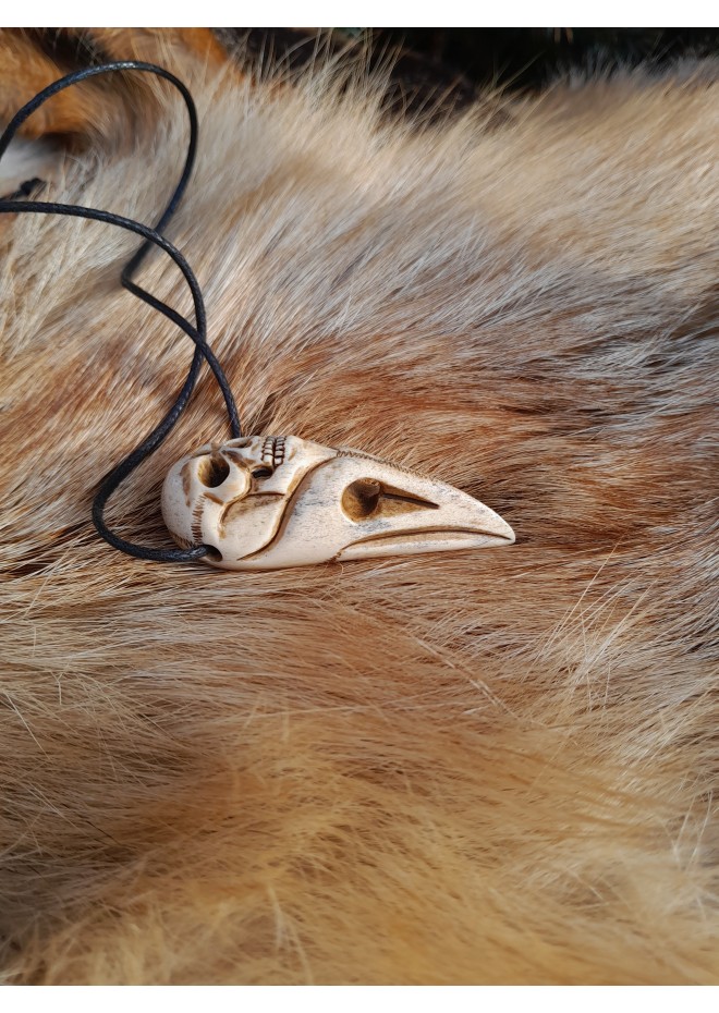 Unique Witch amulet. Raven skull with carved human skull. Gothic necklace. Wicca pendant. Shaman’s, shamanic necklace. Antler hand-carved