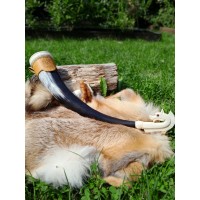 Hand-carved large Viking drinking horn with leather holder and Odin’s horse design. Sleipnir. 