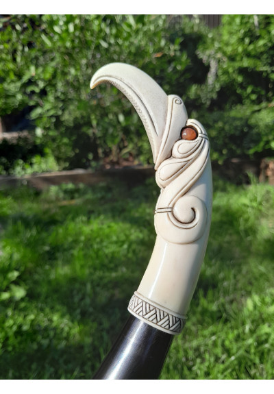 Hand-carved large Viking drinking horn with Raven of Odin design and Viking alphabet + leather holder