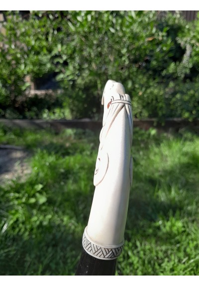 Hand-carved large Viking drinking horn with Raven of Odin design and Viking alphabet + leather holder