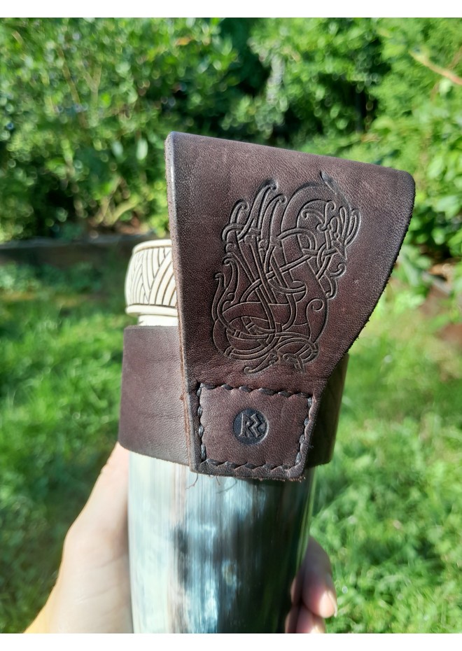 Viking drinking horn with Raven of Odin design and Viking alphabet