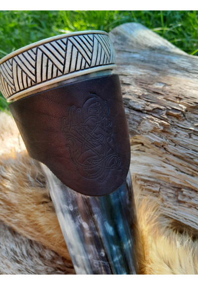 Hand-carved large Viking drinking horn with Raven of Odin design and Viking alphabet + leather holder