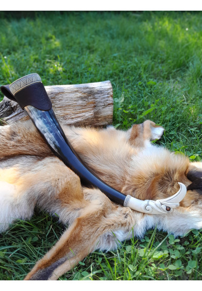 Hand-carved large Viking drinking horn with Raven of Odin design and Viking alphabet + leather holder Hand-carved large Viking drinking horn with Raven of Odin design and Viking alphabet + leather holder