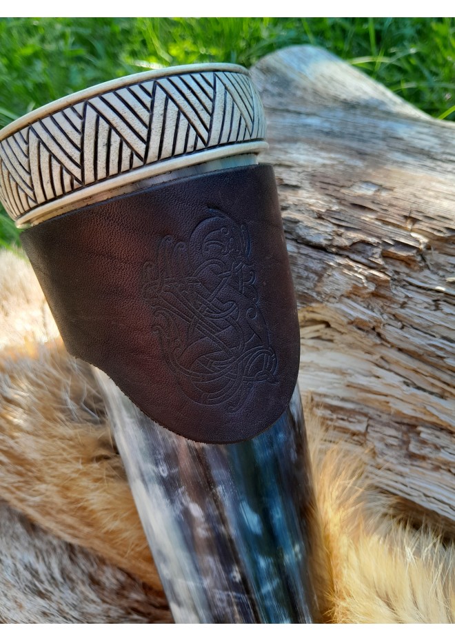 Viking drinking horn with Raven of Odin design and Viking alphabet