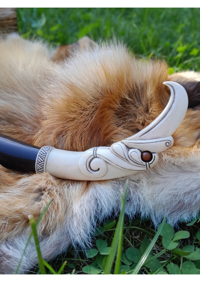 Viking drinking horn with Raven of Odin design and Viking alphabet