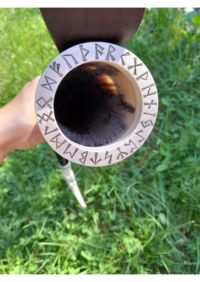 Viking drinking horn with Raven of Odin design and Viking alphabet