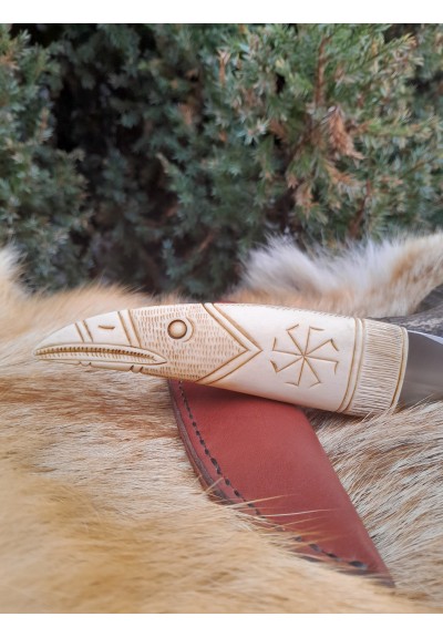 Viking raven knife with carved antler handle.  Norse motifs. Leather sheath.