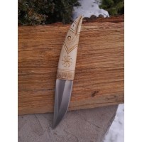 Viking raven knife with carved antler handle.  Norse motifs. Leather sheath.