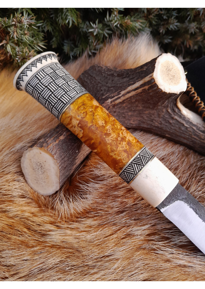 Handmade Finnish Puukko knife with master engraving and leather sheath. Hand-forged blade. Antler and stabilized maple burl handle.