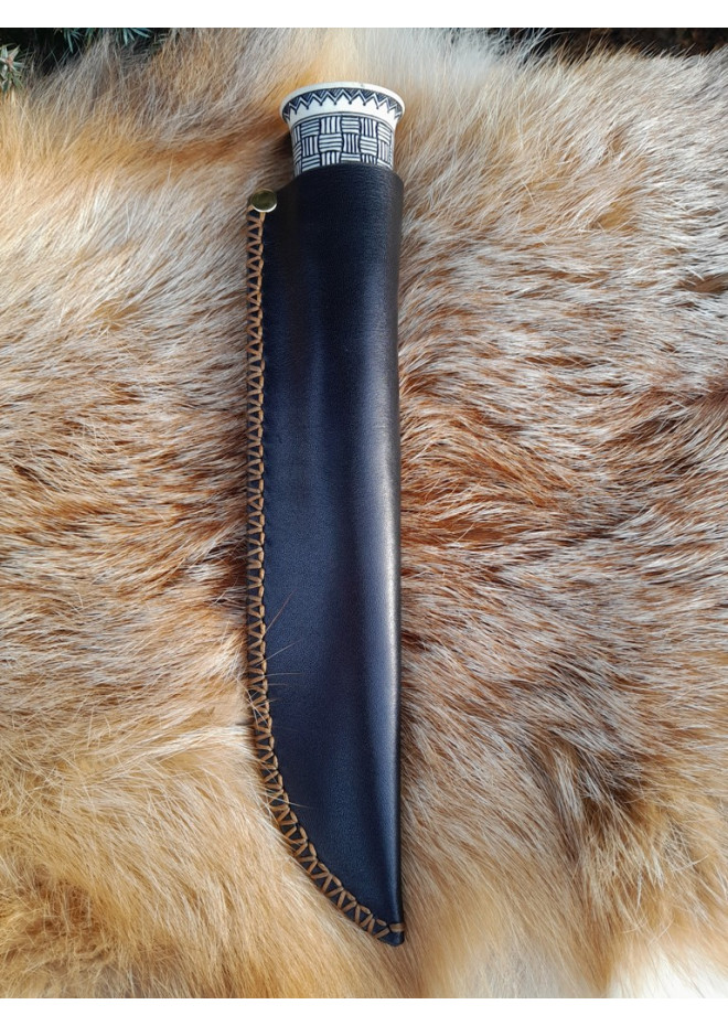 Handmade Finnish Puukko knife with master engraving and leather sheath. Hand-forged blade. Antler and stabilized maple burl handle.