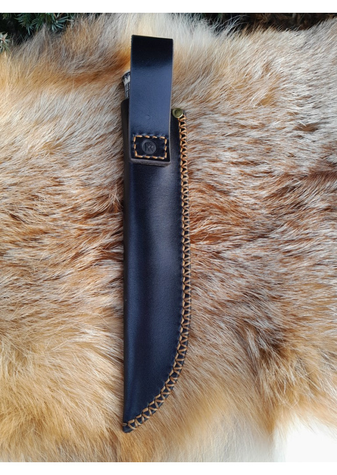 Handmade Finnish Puukko knife with master engraving and leather sheath. Hand-forged blade. Antler and stabilized maple burl handle.