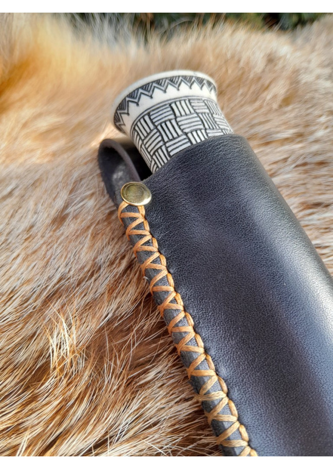 Handmade Finnish Puukko knife with master engraving and leather sheath. Hand-forged blade. Antler and stabilized maple burl handle.