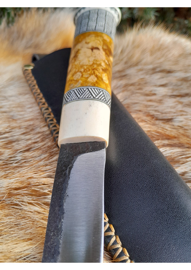 Handmade Finnish Puukko knife with master engraving and leather sheath. Hand-forged blade. Antler and stabilized maple burl handle.