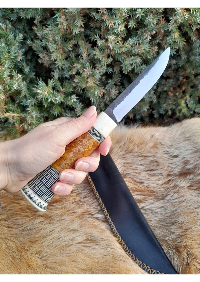 Handmade Finnish Puukko knife with master engraving and leather sheath. Hand-forged blade. Antler and stabilized maple burl handle.