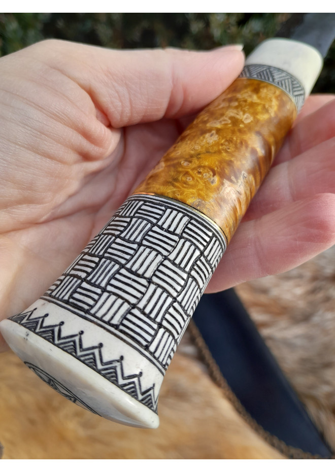 Handmade Finnish Puukko knife with master engraving and leather sheath. Hand-forged blade. Antler and stabilized maple burl handle.