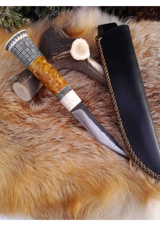 Handmade Finnish Puukko knife with master engraving and leather sheath. Hand-forged blade. Antler and stabilized maple burl handle.