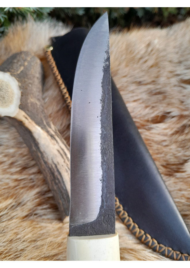 Handmade Finnish Puukko knife with master engraving and leather sheath. Hand-forged blade. Antler and stabilized maple burl handle.