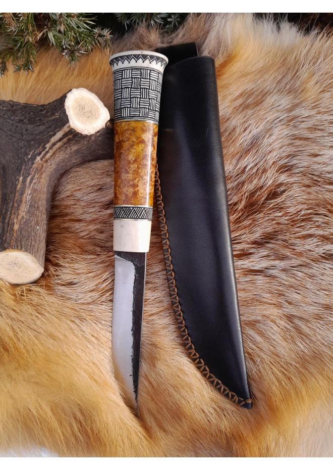 Handmade Finnish Puukko knife with master engraving and leather sheath. Hand-forged blade. Antler and stabilized maple burl handle.