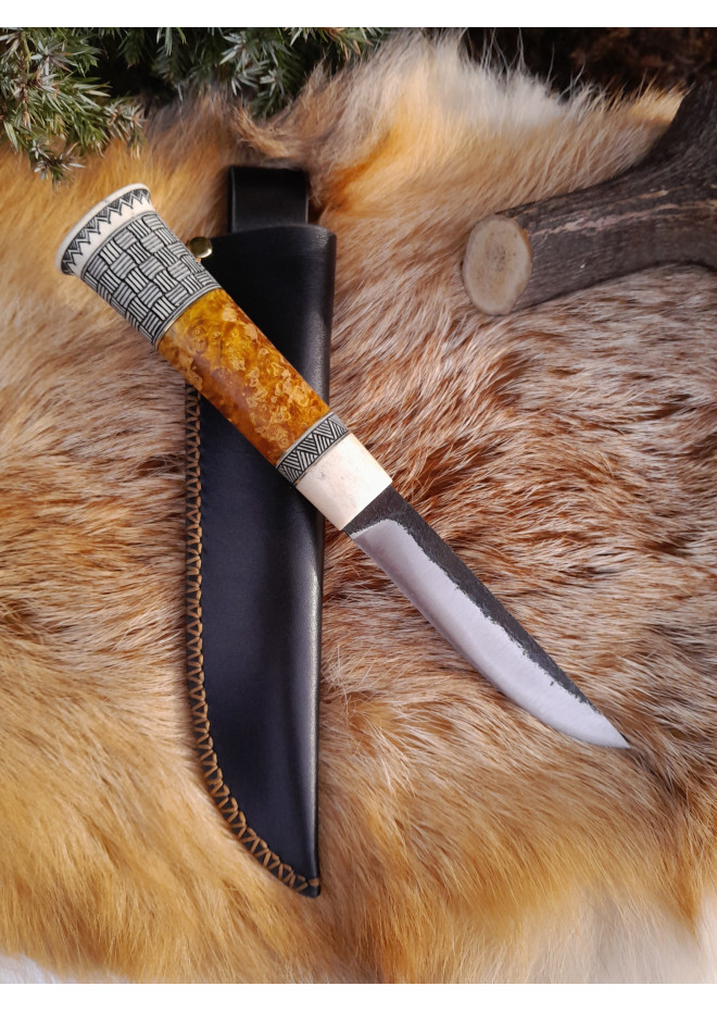 Handmade Finnish Puukko knife with master engraving and leather sheath. Hand-forged blade. Antler and stabilized maple burl handle.
