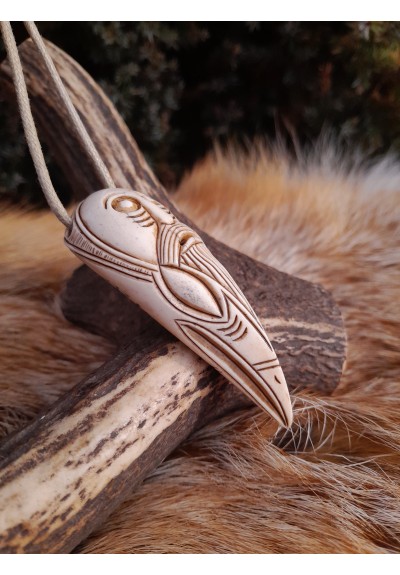 Unique antlers hand-carved Viking Raven amulet with Helm of Awe and God Odin face. Norse, pagan pendant.