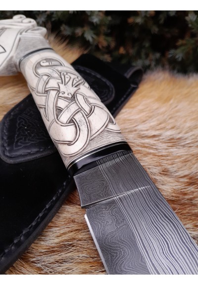 Handmade designer Norse knife. Viking seax. Hand-carved Dragon handle and hand-forged Damascus blade, leather sheath