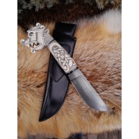 Handmade designer Norse knife. Viking seax. Hand-carved Dragon handle and hand-forged Damascus blade, leather sheath