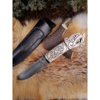 Handmade designer Norse knife. Viking seax. Hand-carved Dragon handle and hand-forged Damascus blade, leather sheath
