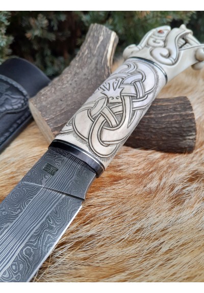 Handmade designer Norse knife. Viking seax. Hand-carved Dragon handle and hand-forged Damascus blade, leather sheath